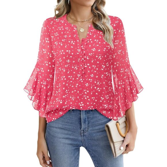 Tops - Women’s 3/4 Sleeve Chiffon Top with Ruffle Cuffs Floral Pattern Casual